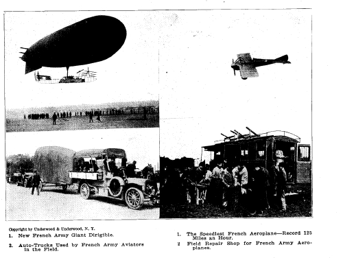 A variety of Fench dirigibles  and aircraft. Source: Europe's Greatest War, published 1915 