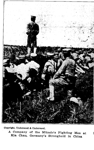 Photograph showing Japanese soldiers going into action against German in Kiaochow. Source: Europe's Greatest War, published 1915 