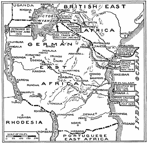 map showing military operations in Tanzania (german East Africa) during WW1