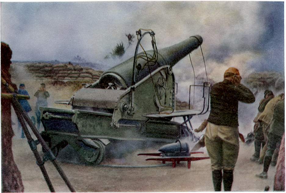A great French siege gun in action near the much-contested battle battle field of Arras. During the terrific explosion the gunners cover their ears