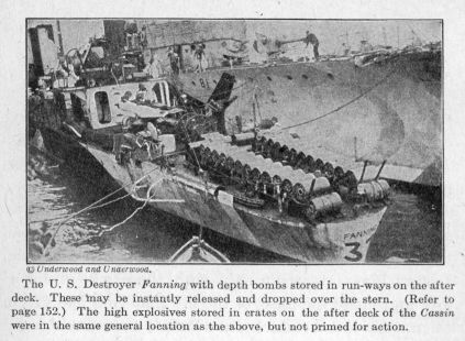 The U.S. Destroyer Fanning with depth bombs stored in run-ways on the after deck. 