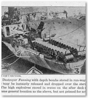 The U.S. Destroyer Fanning with depth bombs stored in run-ways on the after deck. 