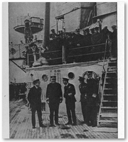 From left to right, Admiral Sir David Beatty, Admiral Rodman, King George, the Prince of Wales, and Admiral Sims on the deck of the U.S. Battleship New York,