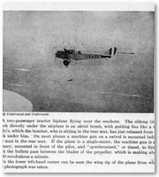 A two-passenger biplane flying near the seashore. The plane is shown dropping a bomb.