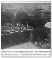 A photograph from an airplane at 7900 feet, showing Love Field, Dallas, Texas, and a parachute jumper.