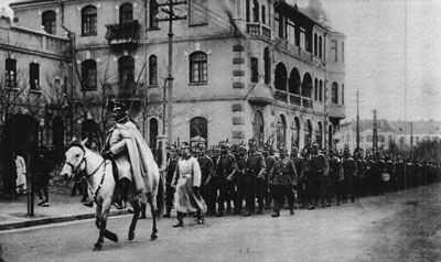 German troops marching to battle during the battle of Tsingtao