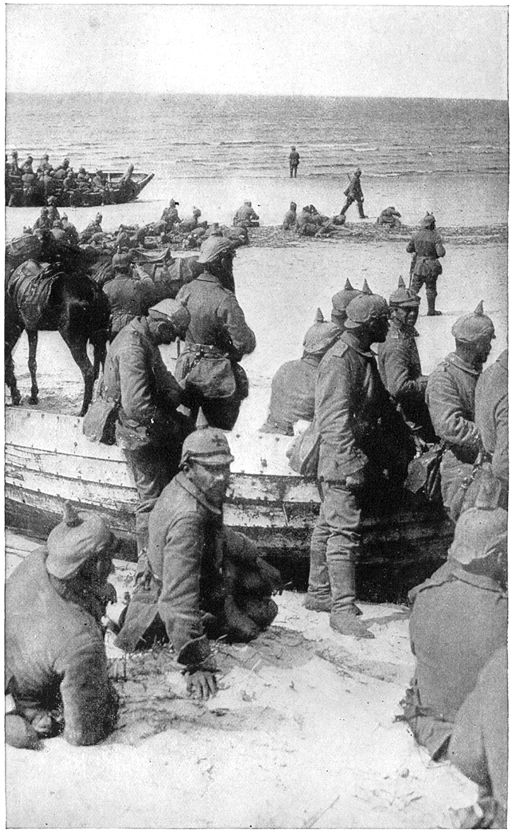 German soldiers resting on the sands of Skatre. They are on their way to capture the Baltic port of Libau, Russia